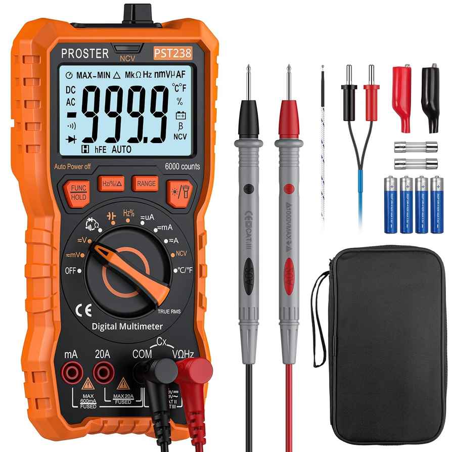 Proster Digital Multimeter - 6000 Counts TRMS Auto Range with NCV Detector - Measures DC/AC Voltage, Current, Temperature, Capacitance, Resistance, Diode, and Continuity